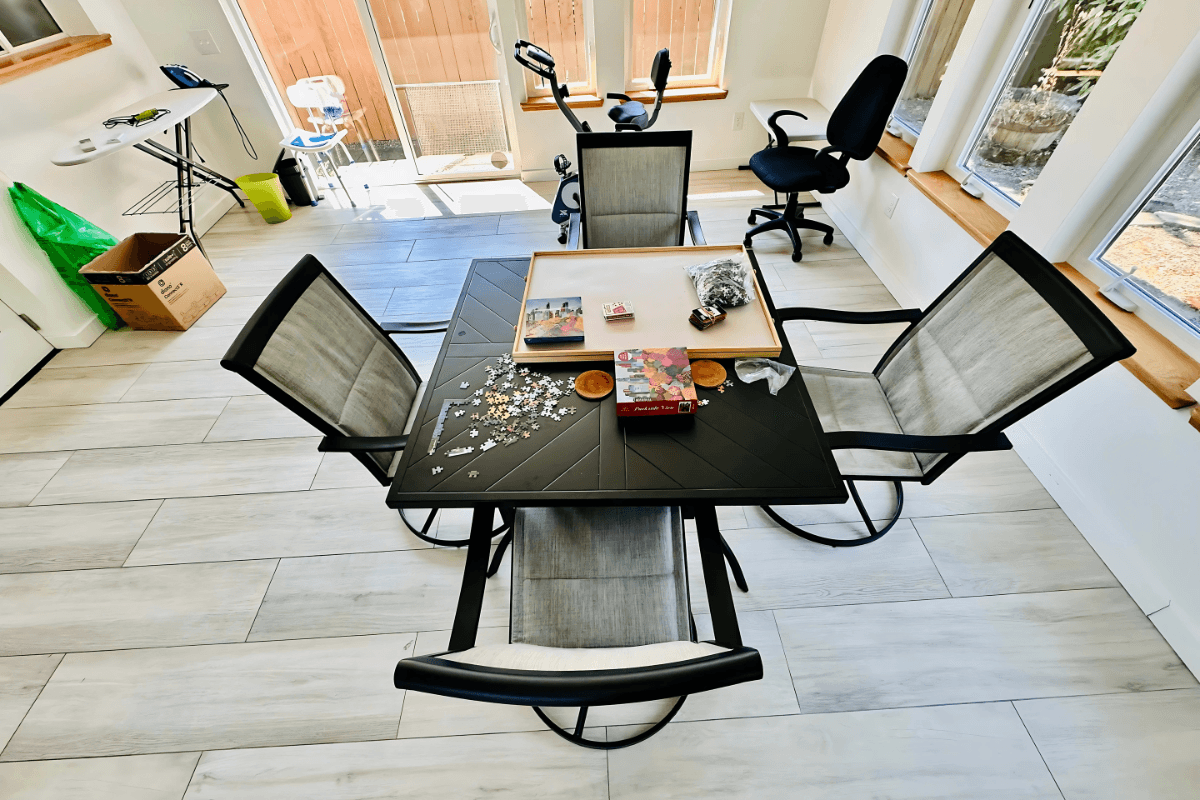 Engaging activity space for puzzles, games, and social interaction.