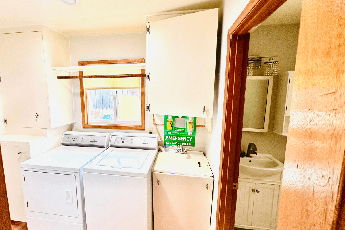 On-site laundry with emergency wash station to ensure hygiene and safety.